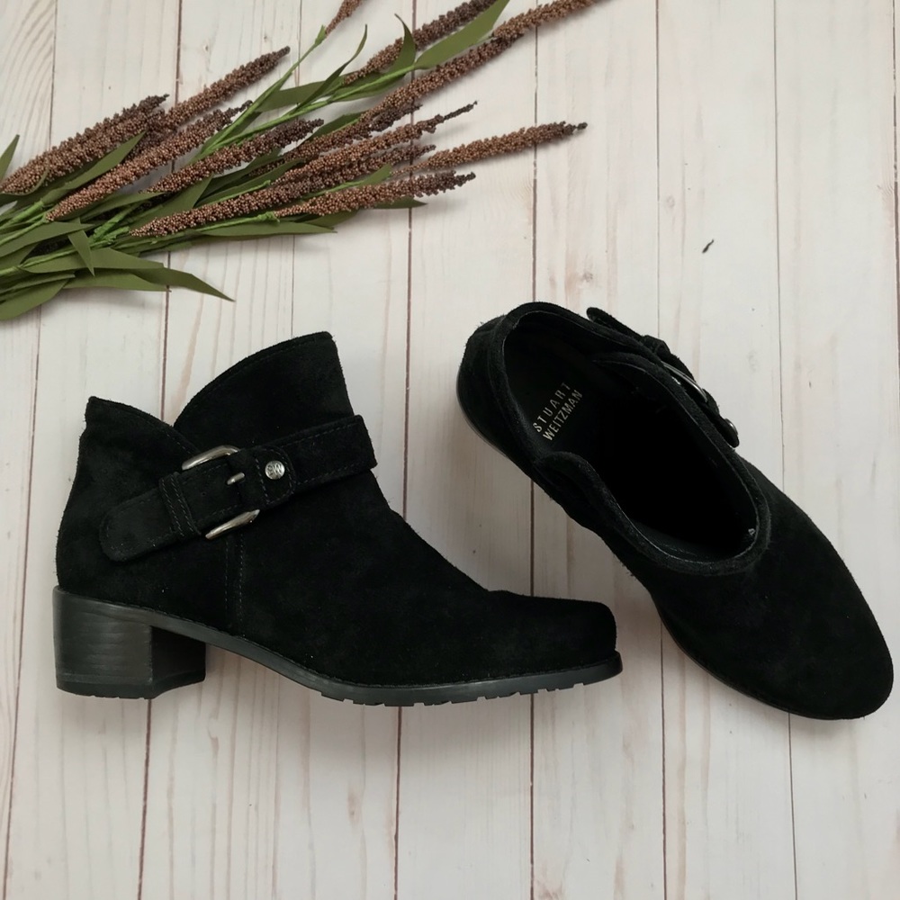 Stuart Weitzman Black Suede Dude Buckle Bootie